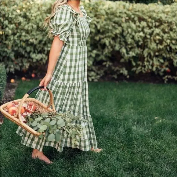 JessaKae Orchard Green & White Gingham Dress Cottagecore Prariecore Elastic | S - Picture 14 of 16